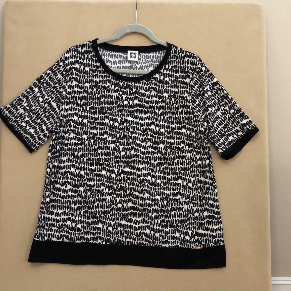 Anne Klein Women's Black Multicolor Print Short Sleeve Pullover Blouse Sze XL